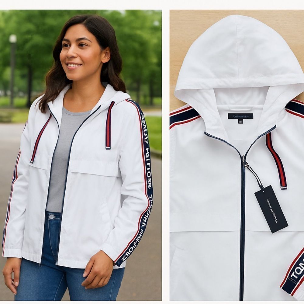 🆕 Tommy Hilfiger White Logo Tape Windbreaker Jacket Hooded Zip Up sz M